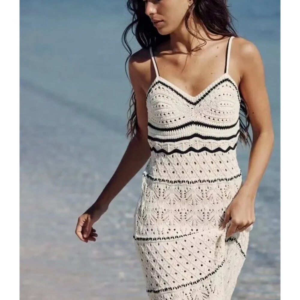 NWT L Bohemian Hollow Out Wht/Blk Color Block Beach Strap Sundress Maxi Dress